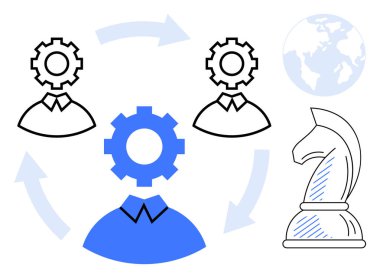 Oklarla birbirine bağlanmış mavi ve siyah dişli başlıklı figürler, işbirliğini simgeliyor. Satranç şövalyesi ve küre, stratejiyi ve küresel erişimi temsil ediyor. Takım çalışması, liderlik, planlama, strateji için ideal