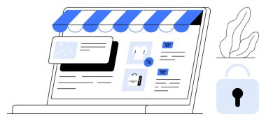 Laptop ekranında ürünler, indirim etiketi ve güvenli çıkış asma kilidi olan dijital bir mağaza var. E-ticaret, siber güvenlik, perakende, küçük işletmeler, pazarlama ve teknoloji için idealdir.