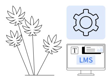 Vites simgesinin yanında stilize bitki ve LMS metni ile masaüstü ekran. Eğitim, e-öğrenim, doğa, teknoloji, üretkenlik, web tasarımı ve basit iniş sayfası için ideal