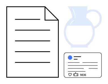 Metin satırları, sosyal medya nişan kartı başparmakları ve yorumları olan belgeler ve şeffaf bir vazo taslağı. İletişim için ideal, analitik, yaratıcılık, minimalizm, sosyal ağ