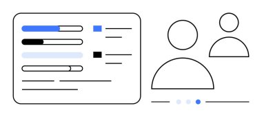 Özetlenen kullanıcı avatarlarının yanında ilerleme çubukları ve metin ögeleri. UI tasarımı, takım yönetimi, performans takibi, analitik, profil içgörüleri, yazılım panelleri, basit iniş sayfası için ideal