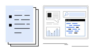 Arama çubuğu, grafik, metin ve sohbet baloncukları gösteren ekranın yanındaki kağıtlar. Belge yönetimi, iş analizleri, organizasyon araçları, arayüz tasarımı, arama motorları verileri için ideal