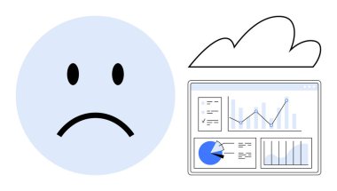 Analitik gösterge panelinin yanında bulut altında grafikler ve çizelgeler olan üzgün yüz simgesi. Veri kaybı, teknik sorunlar, bulut hesaplama, iş akışı hatası, analitik arıza, teknik sorun çözme, basit