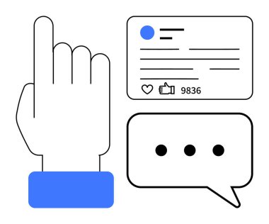 Sosyal kartpostalın yanında yukarı bakan bir el. Başparmaklar ve yorumlar, artı bir konuşma balonu. Sosyal medya, etkileşim, bağlılık, iletişim, geri bildirim, ağ oluşturma, basit iniş için ideal