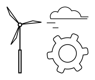 Rüzgar türbini, teçhizat ve bulut elementleri yenilenebilir enerji, yenilik ve çevreyi simgeler. Sürdürülebilirlik, teknoloji, temiz enerji, endüstri geliştirme eko-verimlilik ve ilerleme için ideal