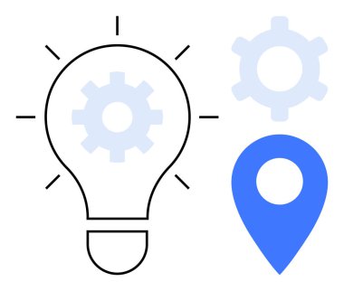 Dişli ve mavi lokasyonlu ampul yenilik, yaratıcılık, süreç optimizasyonu, yön bulma ve problem çözme. Strateji, mühendislik, navigasyon ve geliştirme için ideal