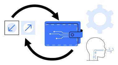 Teknolojik tasarımı olan dijital cüzdan, yönelimli oklar, operasyonel teçhizat, etkileşim simgeleri, insan profili gösterme bağlantısı. Teknoloji, finans, yenilik ve iletişim veri akışı için ideal