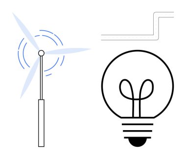 Rüzgar türbini, elektrik kabloları aracılığıyla parlayan ampule bağlı güç üretiyor. Enerji, sürdürülebilirlik, yenilik, çevre dostu teknoloji, elektrik, yenilenebilir kaynaklar ve çevre için ideal