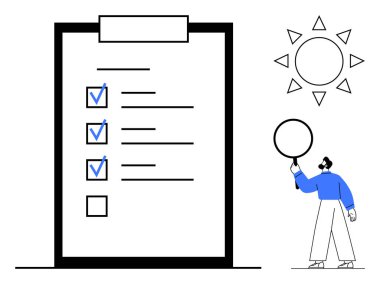 İşaretli kutuları olan büyük bir liste, daire tutan mavi gömlekli bir karakter ve güneşli bir sembol. Üretkenlik, planlama, hedefler, organizasyon, motivasyon, kontrol listesi basit iniş sayfası için ideal
