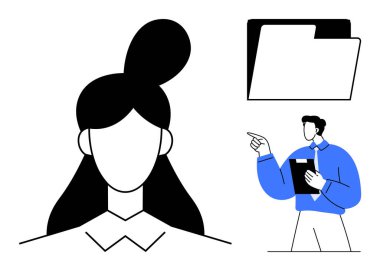 Minimalist kadın avatarı, belge klasörü, profesyonel figür tutucu raporu, aktif olarak işaret ediyor. Takım iletişimi, iş akışı, raporlama, organizasyon liderlik işbirliği İK için idealdir. Düz