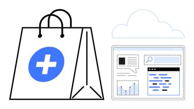 Tıbbi sembollü alışveriş torbası, analitik grafikler gösteren web arayüzü, bulut simgesi. E-ticaret, dijital sağlık, bulut depolama, analitik, çevrimiçi alışveriş, sağlık hizmetleri sade iniş sayfası için ideal