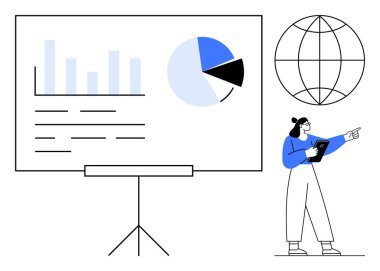 Stantta istatistiksel grafik ve grafikler sunan kadın, veri eğilimlerine işaret ediyor. Bar grafiği, pasta grafiği ve bir dünya. İş, analiz, eğitim, eğitim planlaması için ideal