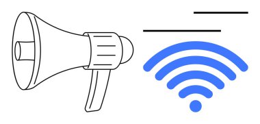 Mavi kablosuz sembolün yanındaki megafonda bağlantı ve mesaj iletimini gösteren çizgiler var. İletişim, pazarlama, yayın, internet, teknoloji, medya ve sosyal yardım için ideal. Düz basit