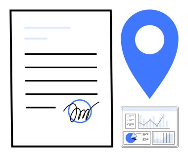 İmzalı belge, mavi lokasyon iğnesi ve çizelge ve grafiklerle birlikte analitik gösterge paneli. Ticari iş akışları, sözleşmeler, analitikler, proje yönetimi, veri görselleştirmesi, belgelendirme için ideal basit