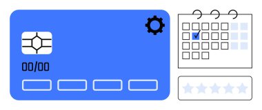 Çip ve dişli simgesi olan kredi kartı, işaretli takvim ve aşağıda sıralanan derecelendirme yıldızları. Finans, programlama, planlama, gözden geçirme, müşteri geribildirimi dijital ödemeler verimliliği için idealdir. Düz