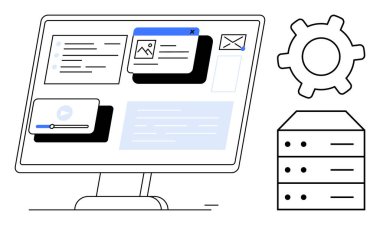 Bilgisayar monitörü bir dişli ve sunucu simgesinin yanında video, resim ve metin dosyaları ile multimedya içeriğini görüntülüyor. Teknoloji, web geliştirme, veri, bulut depolama, UIUX tasarımı, yazılım dairesi için ideal