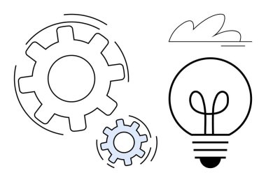 Hareket halindeki dişliler parlayan bir ampul ve minimum bulut çizgisi ile eşleştirildi. Yaratıcılık, üretkenlik, takım çalışması, yenilik, beyin fırtınası, verimlilik, problem çözme için ideal. Düz basit metafor