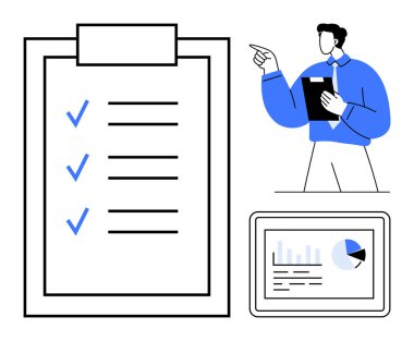 Kontrol işaretli görev listesi, klasör tutan ve işaret eden iş adamı ve veri analizini gösteren tablet. Üretim, organizasyon, takım çalışması, planlama, iş sunumu, görev için ideal