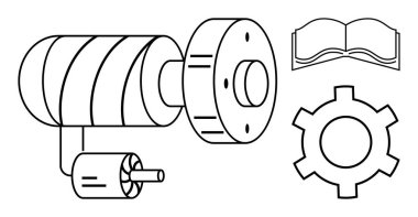 Mekanik motor, bobin, teçhizat ve açık kitap teknik tasarım, mühendislik, eğitim, yenilik, araştırma makineleri ve akademik öğrenimi vurguluyor. Teknoloji tasarım mühendisliği eğitimi için ideal