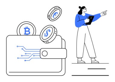 Elektronik devreleri ve kripto para birimleri olan dijital cüzdan, ileri işaret eden bir tablet tutan kadın. Kripto para birimi, engelleme zinciri, e-cüzdan, finans, finans, yatırım, basit iniş için ideal