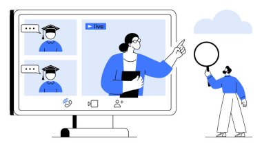 Video konferansında öğretmenlik, mezun öğrencilerle canlı yayın, etkileşimli özellikler ve katılımcılarla birlikte. E-öğrenim, iletişim, eğitim, öğretim, webinar dijital için ideal