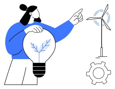 Yaprak sembollü ampul tutan kadın figürü vitesin yanındaki rüzgar türbinini işaret ediyor. Sürdürülebilirlik, yeşil enerji, yenilik, çevre bilinci, temiz teknoloji, yenilenebilir enerji için ideal