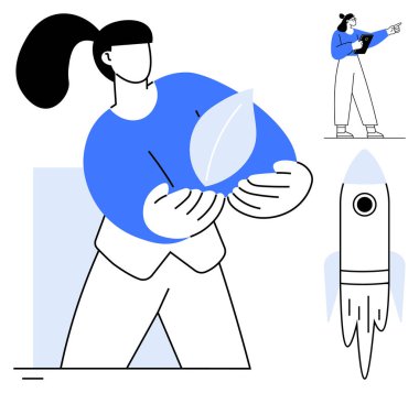 Büyümeyi ve sürdürülebilirliği temsil eden bir yaprak tutan kadın, yeniliği simgeleyen bir roket, teknoloji ve ilerlemeyi simgeleyen bir tabletle başka bir kadın. Sürdürülebilirlik ve yenilik için ideal