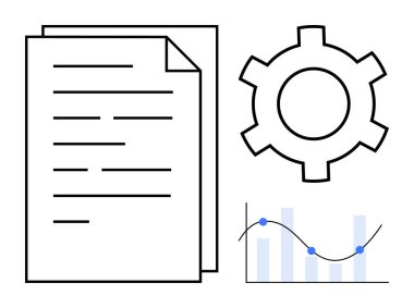 Metin satırlı belge, ayarları sembolize eden dişli simgesi ve eğilim satırlı analitik grafiği. İş, iş akışı, süreç, veri analizi, otomasyon, basit iniş sayfası planlama için ideal