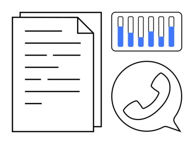 Konuşma balonunda renkli çubuklu dokümanlar, bar tablosu ve telefon simgesi iletişim, içerik paylaşımı ve analizi akla getiriyor. Takım çalışması için ideal, uzaktan çalışma, beyin fırtınası, planlama teknisyenleri