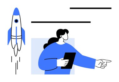 Kadın tableti tutuyor ve ileri doğru roket fırlatırken liderlik, kararlılık ve büyümeyi simgeliyor. Başarı, takım çalışması, yenilik, girişimler, strateji rehberliği için ideal