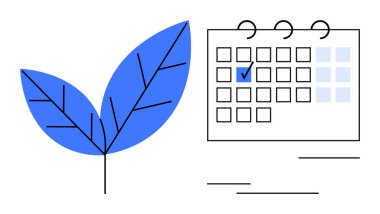İşaretli tarihli kontrol listesi takviminin yanında sürdürülebilir hedefler ve ekolojik bilinç planlamasını temsil eden mavi yaprak. Çevre, hedefler, programlar, strateji, süreler, organizasyon için ideal