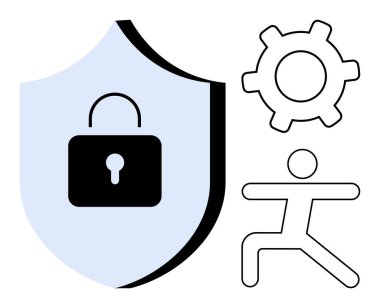 Kilidi sembolize eden kalkanlar, ayarları ya da işlevselliği simgeleyen teçhizatlar ve aktivite ya da dengeyi gösteren insan figürleri. Güvenlik, gizlilik, ayarlar, fitness, iş akışı, takım çalışması için ideal