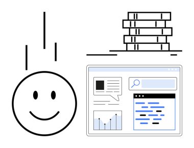 Dikey çizgileri olan mutlu yüz, içinde grafikler, metin, arama çubuğu ve kitap destesi olan analitik gösterge paneli. Eğitim, teknoloji, veri, çevrimiçi öğrenim takım çalışması için ideal basit iniş sayfası