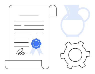 Mavi kurdele ve imzalı sertifika, ayarları temsil eden vites, kaynakları sembolize eden sürahi. Sertifika, eğitim, tamamlama, endüstri, kaynaklar, yaratıcılık için ideal basit iniş sayfası