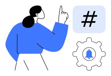 Bir eliyle işaret eden kadın, meta veri etiketi, teçhizat ve uyarı zilinin yanında. İletişim, sosyal medya, bildirimler, kullanıcı etkileşimi, dijital ayarlar basit iniş sayfası için ideal