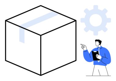 Pano tutan kişinin lojistik veya tasarım sürecini tartıştığı büyük bir kutu ve vites sembolü. Tedarik zinciri, dağıtım, yenilik, yönetim, sistemler, planlama için ideal, düz basit metafor