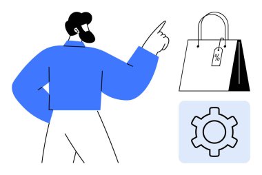 Yanında çark ikonu olan indirimli etiketli bir alışveriş çantasına bakan adam. E-ticaret, satış yönetimi, dijital pazarlama, ayarlar, çevrimiçi hizmetler, alışveriş uygulamaları, basit