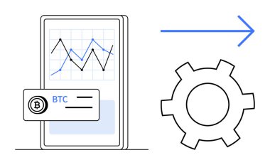 Smartphone, BTC kartı ile altı çizili yükselen Bitcoin tablosunu gösterir. Ok vitesi gösterir, süreci optimizasyonu veya otomasyonu sembolize eder. Kripto para birimi, fintech, ticaret, engelleme zinciri için ideal