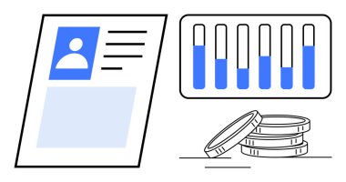 İçinde fotoğraf ve veri olan profil kartı, performans ölçümlerini gösteren bar çizelgesi ve istiflenmiş paralar. Finans, analitik, kullanıcı verileri, raporlama, iş büyümesi, yatırımlar ve basit iniş sayfası için ideal