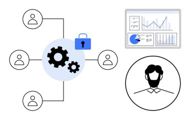 Bağlı takım simgeleri, çarkları ve asma kilidi çevreleyen güvenli işbirliğini temsil ediyor. Analitik gösterge paneli ve kullanıcı profili veri güdümlü liderlik öneriyor. Takım çalışması, siber güvenlik ve veri için ideal