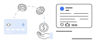 Kredi kartı ve sikkeler online ödemeyi sembolize ediyor. Başparmaklı sosyal ileti biçimi, yorumlar kullanıcı katılımını ifade ediyor. E-ticaret, işlemler, bankacılık, sosyal medya, pazarlama, fintech için ideal