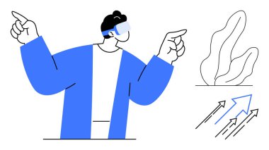 Sanal gerçeklik kulaklığı kullanan, hareketli biri. İçinde soyut bitki ve büyüyen oklar var. Teknoloji için ideal, VR, yenilik, gelecek, oyun, tasarım basit iniş sayfası