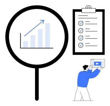 Yükselen bir okla büyütülmüş bar tablosu, detaylı kontrol listesi ve video sunan kişi. Araştırma, veri analizi, planlama, proje yönetimi, eğitim, pazarlama ve basit iniş için ideal