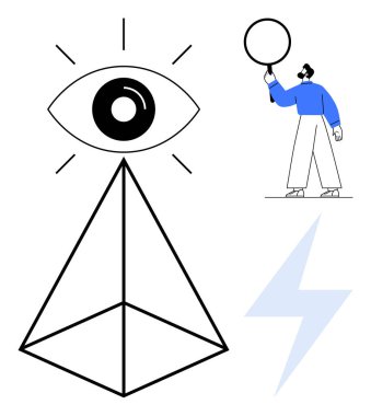 Soyut göz piramidinin tepesinde, mavi bekleme çemberindeki kişi, şimşek şeklinde. Yaratıcılık, yenilik, vizyon, farkındalık, liderlik, iletişim için ideal basit iniş sayfası