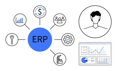ERP sistem merkezi finans, İK, analiz ve işlemleri simgelerle birleştiriyor. Kullanıcı profili ve gösterge paneli verileri. İş stratejisi, yazılım araçları, süreç yönetimi ve finansman için ideal