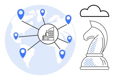 Merkezi bir iş merkezine, bulut ikonuna ve satranç şövalyesine bağlı olan dünya haritası. Strateji için ideal, küresel ulaşım, planlama, karar verme, lojistik yenilik takım çalışması. Düz