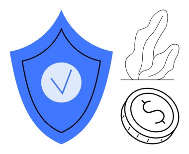 İşaretli mavi kalkan, dolar işaretli para güvenlik, güven ve doğayı sembolize eden soyut yaprak tasarımı. Finans, güvenlik, yatırım, tasarruf koruması çevre dostu markalaşma için ideal