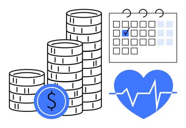 Birikmiş paralar, dolar sembolü, işaretli tarihli takvim ve kalp atışı çizgisi olan kalp. Finans, sağlık yönetimi, zaman planlaması, sağlık hizmetleri için bütçe ayırmak için ideal. Düz basit