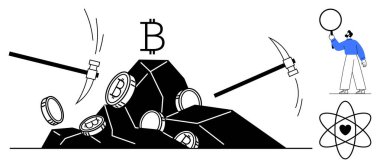 Kazmalar, Bitcoin sembolleriyle işaretlenmiş bir yığın kripto para birimine ve bir blok logosuna ve tabela tutan bir kişiye çarptı. Engelleme zinciri, fintech, kripto para birimi, madencilik ve yatırım için ideal