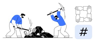 İki işçi taş kırmak için çekiç kullanır, çabayı ve takım çalışmasını sembolize eder. Birbirine bağlı eller ve üstveri etiketi birliği, ortak hedefleri ve bağlantılılığı simgeler. Takım çalışması, çaba ve topluluk için ideal